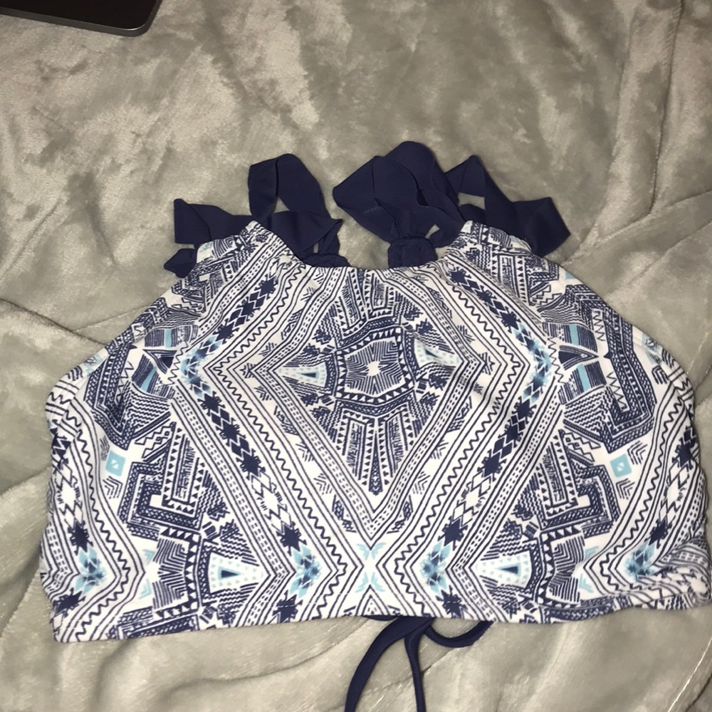 High neck blue and white swimsuit top